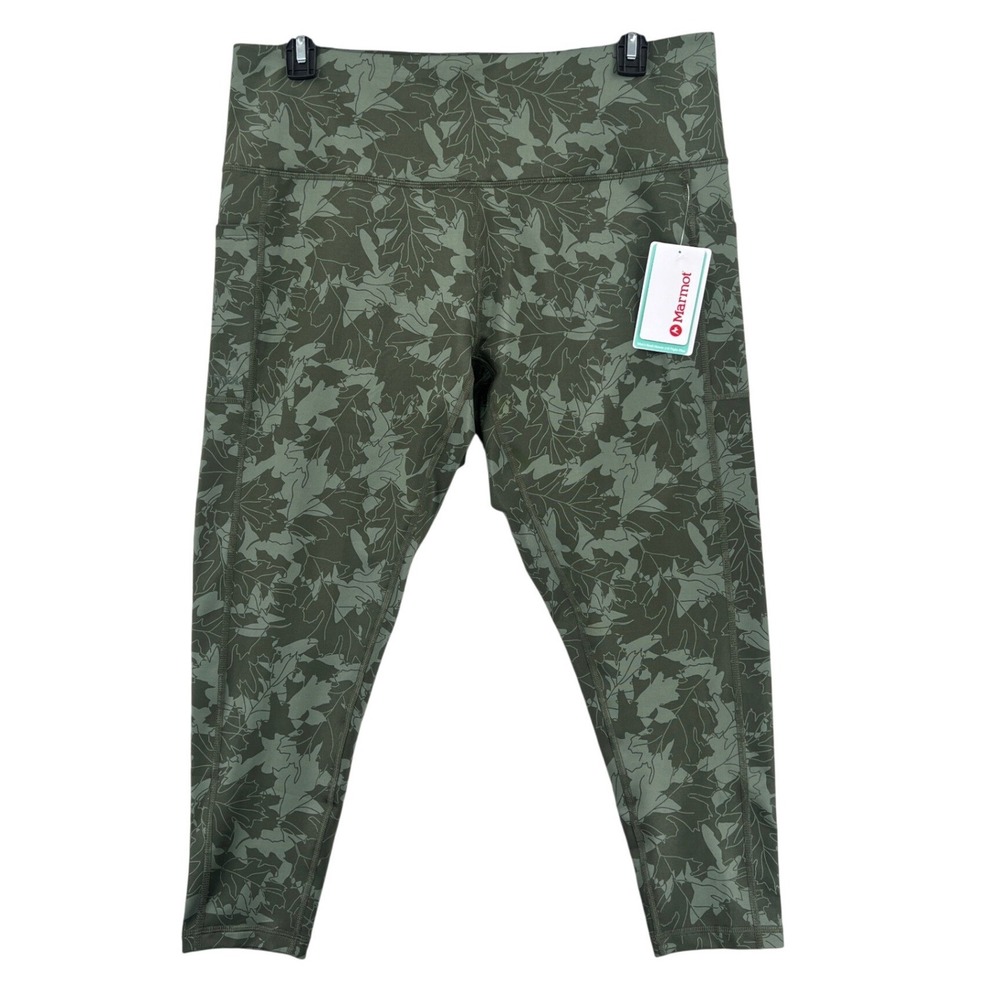 Marmot Rock Haven 7/8 Leggings 2X Green Leaf Print UPF 50 Pockets Earthy NWT